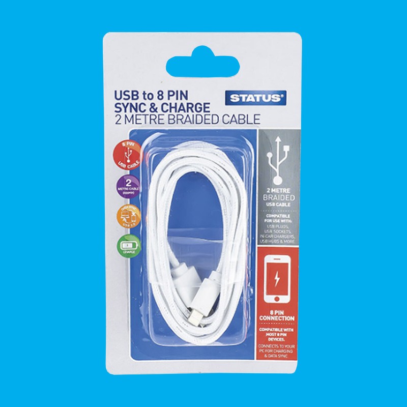 USB to 8 Pin Sync & Charge 2 Metre Braided Cable for iPhone iPad Mobile Tablet