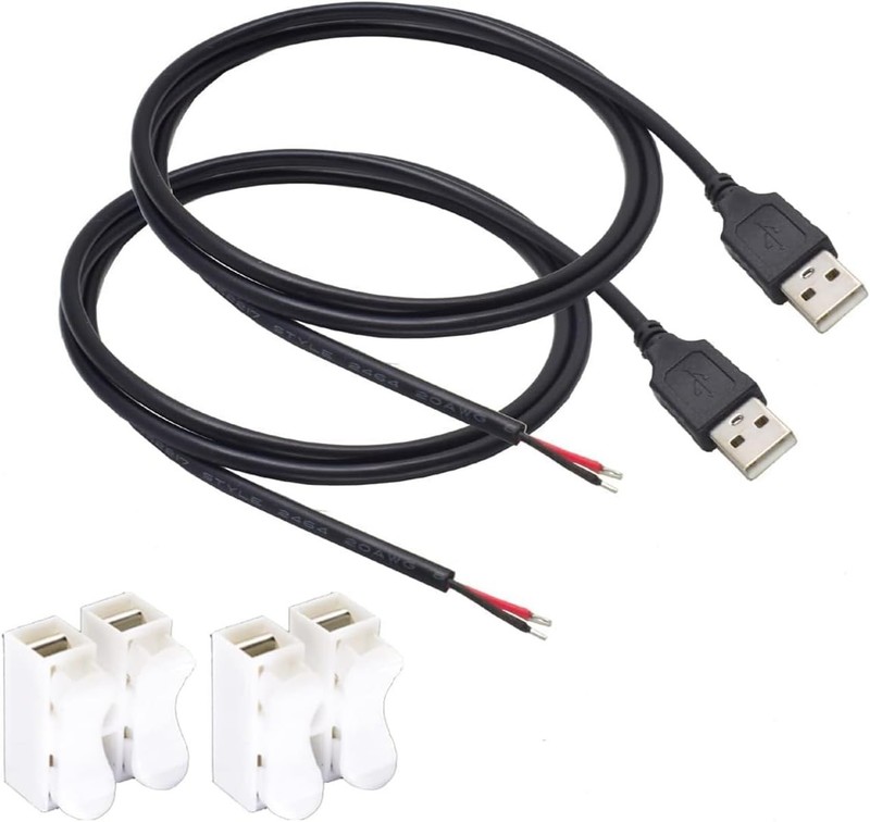 2 Pack USB 2.0 Male Power Cable 3.3Ft 20AWG DIY Pigtail 5V 5A Black