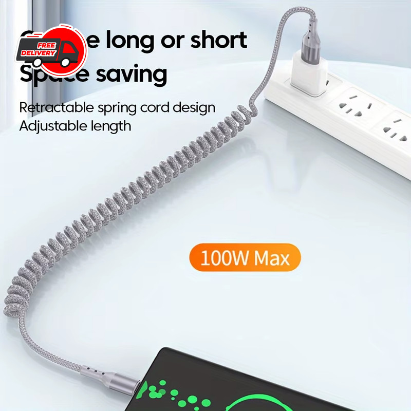100W Fast Charging Type C Car Spring Cable USB C Data Wire For Samsung Xiaomi 15 gallery
