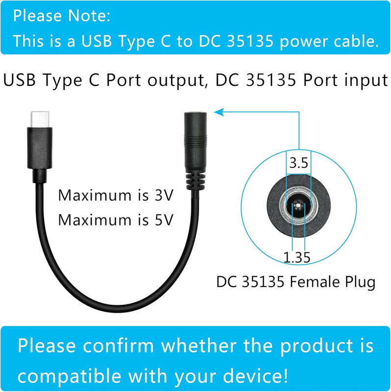 Short DC 3.5Mm X 1.35Mm to USB C Power Cord 6Inch, DC 35135 Female to USB Type C gallery