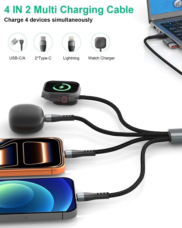 100W 2 USB C Multi Charging Cable for Apple Watch 10FT, USB C Fast Charging Cord gallery