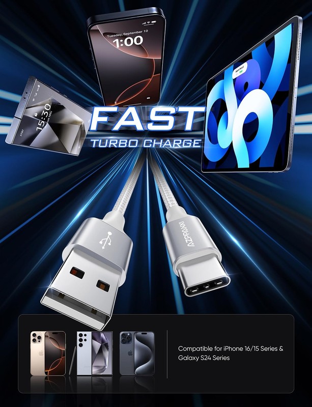 USB Type C Cable 20Ft, White Nylon Braided USB A to USB C 3A Fast Charging Ch... gallery