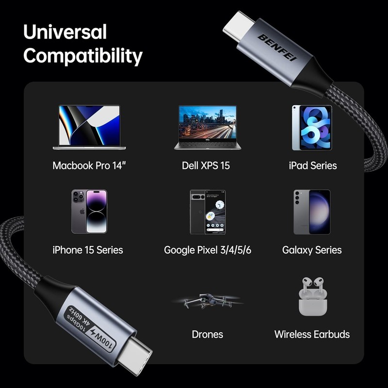 USB-C to USB-C 4K 120Hz Cable 100W PD Fast Charge 10Gbps Data Transfer 3ft Silic gallery