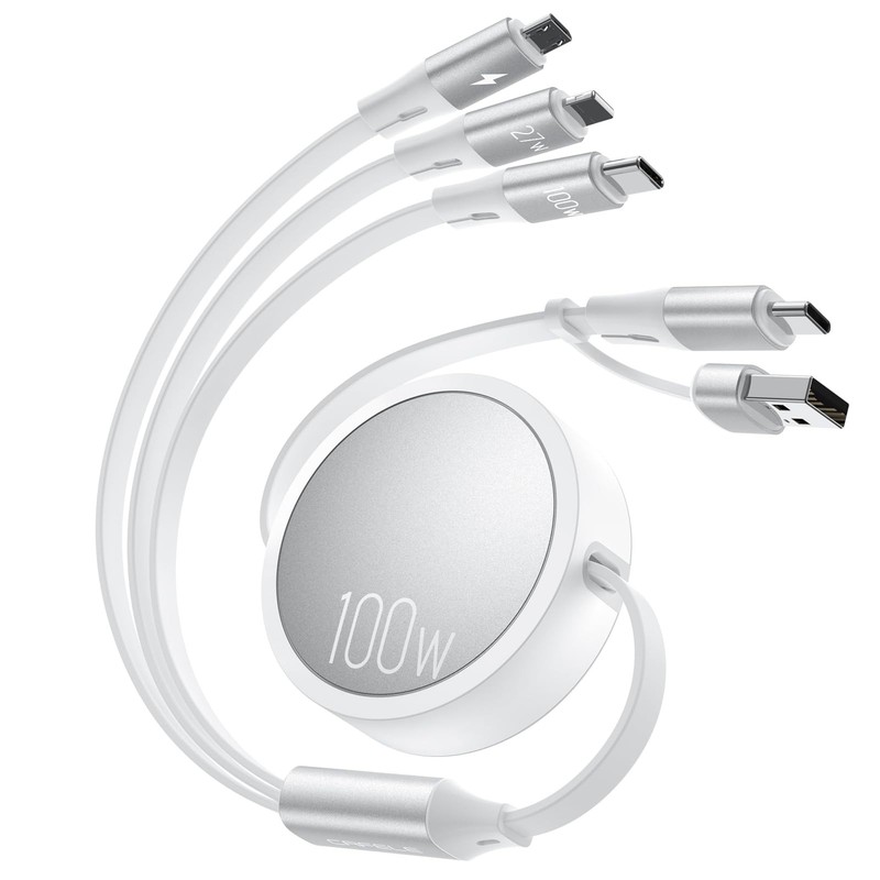 100W 6in1 Retractable USB C/A Multi Charging Cable 5A Type C/L/Micro 3.6Ft