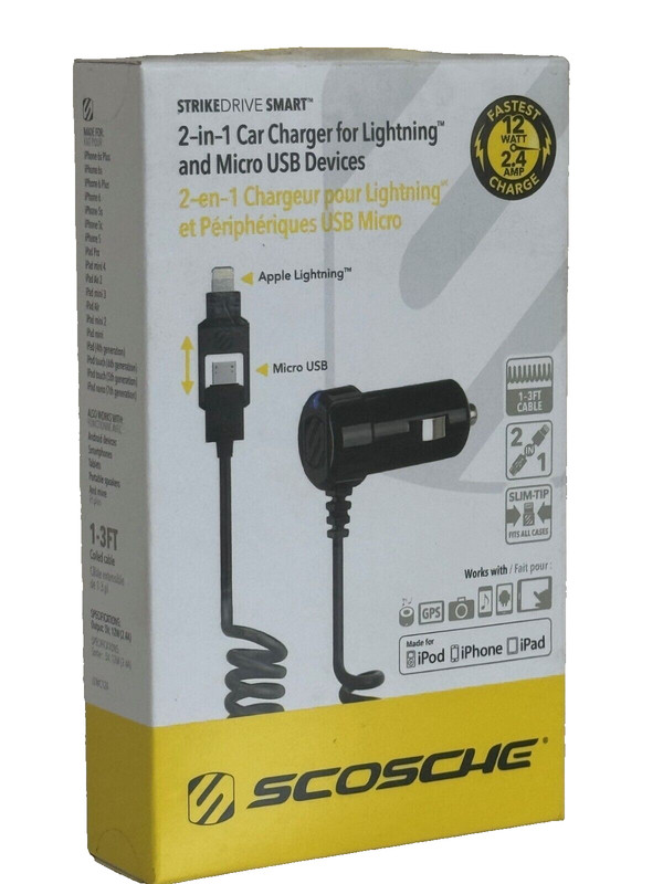 Scosche 2 in 1 Micro USB Lightning MFI CERTIFIED 12W Car Charger for iPhone SE 3 gallery