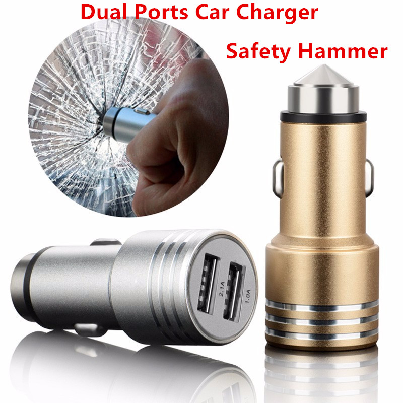 Emergency Safety Hammer Stainless Steel Dual Ports USB Car Charger Adapter Plug