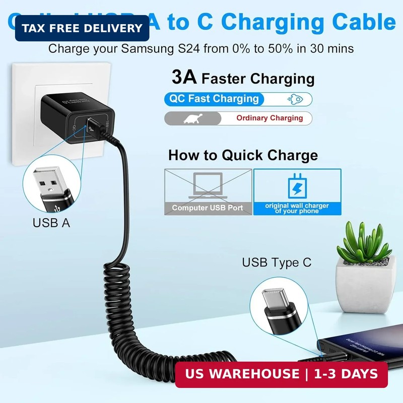 Fast Charger Cable Coiled USB C for Car 3FT Android Auto Type A to C gallery