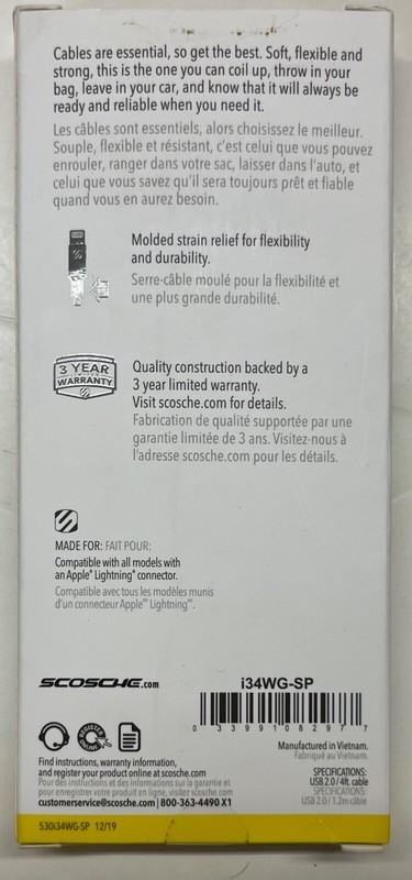 2/$19.99 Scosche USB-A to Apple Charge & Sync Cable 4' (i34WG-SP) gallery