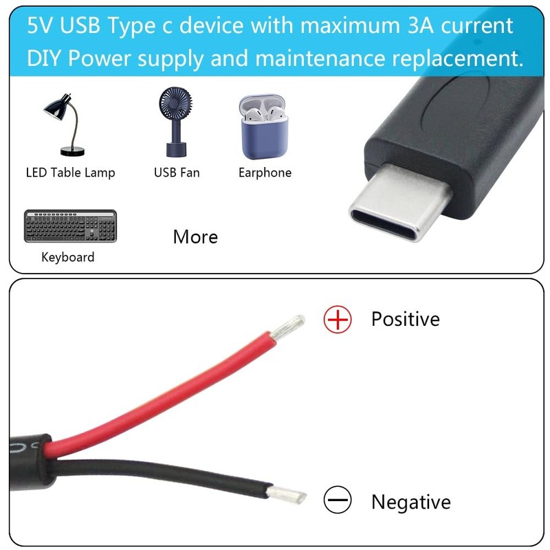 Short USB C to 2 Pin Bare Wire Open End Power Cable 10inch, 20AWG 5V USB Type... gallery
