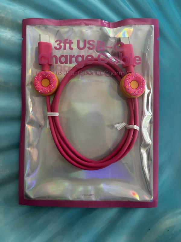 3ft USB-C Charging Cable, Pink & Yellow, Fast Charge, Donut Charms, Durable