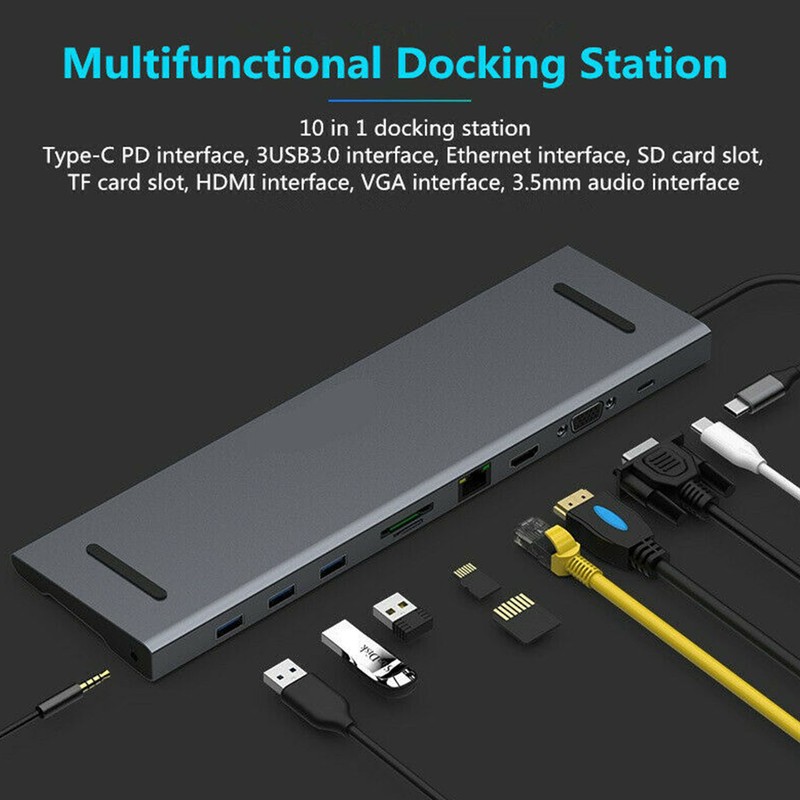 10 in 1 Multi-function USB3.0 Hub Adapter USB Type C Docking 4K HDMI VGA RJ45 SP gallery