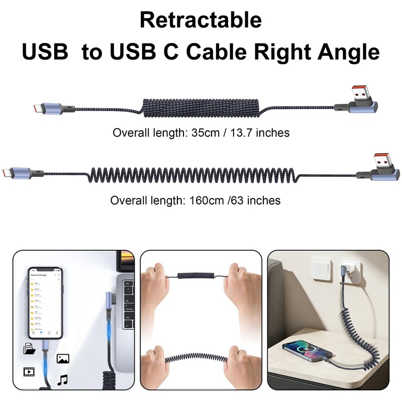 JSADZKJ Braided Coiled USB-C Cable Right Angle USB A to C 35cm 1.6m gallery