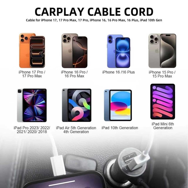 Carplay Cable Cord Compatible With iPhone 16 17 USB A to Type C 3 Feet White gallery