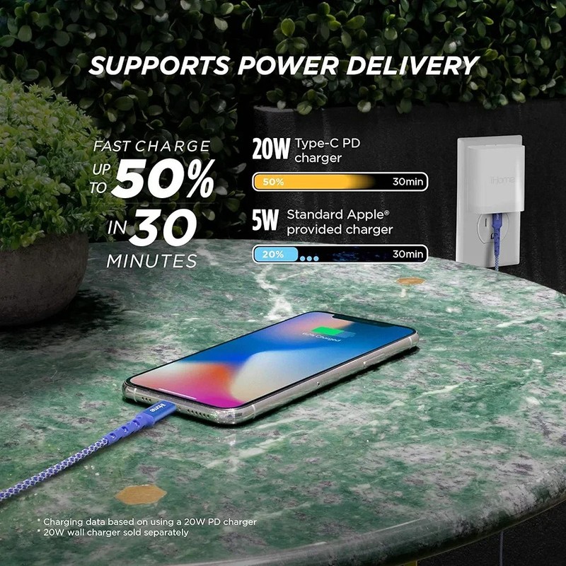 iHome Durastrand Lightning® Cable to USB type C 6ft. 2X faster MFI-Certified gallery