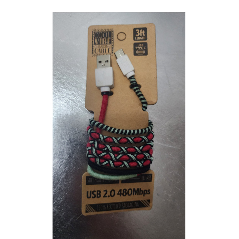 Cool Vibe 3ft USB Type-C to USB 2.0 Soft Braided Charging Cable Red Black Green