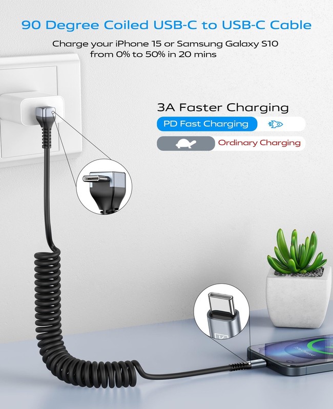 90 Degree Coiled USB C Cable for Car 3FT/6FT, USB C to C Cable Fast Charging,... gallery