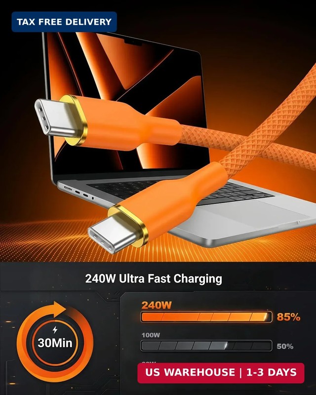 Short USB C to USB C Cable 1FT 2-Pack, 240W Orange Braided USB Type C Fast Charg gallery