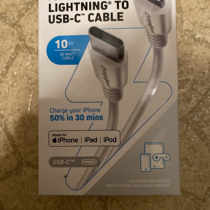 Chargeworx – Power Delivery 10 Foot 8-Pin to USB-C Cable For Apple – White gallery