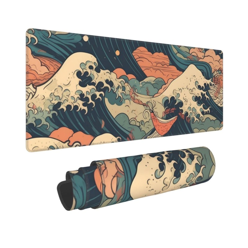 Vintage Japanese Wave Gaming Mouse Pad XL, Large Non Slip Rubber Mousepad, St…