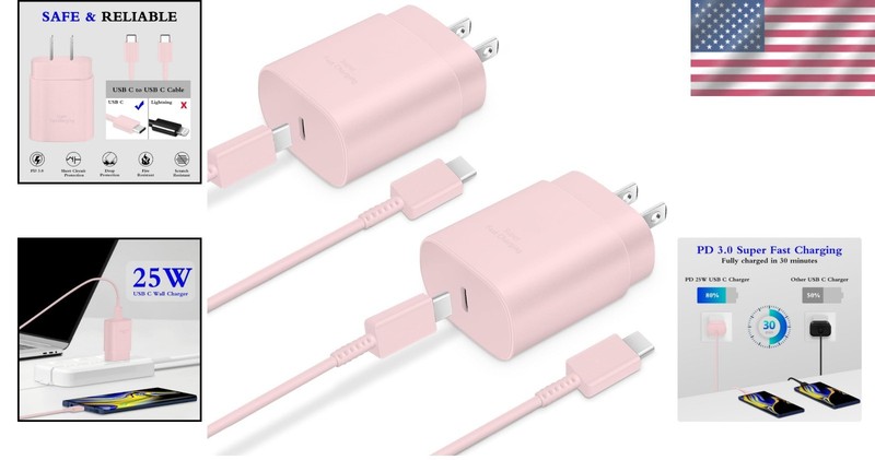 High-Speed 2-Pack 25W Type C Fast Charger with 6ft Cables - Stylish Pink Color gallery
