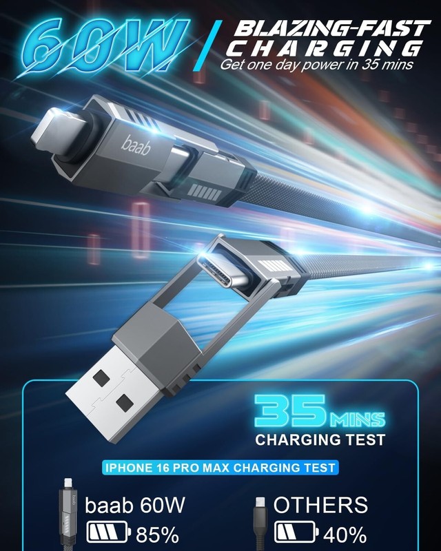 4 in 1 USB C Charging Cable, Multi L/Type C/USB A Port, 60W, 5ft gallery