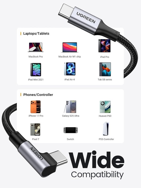 Right Angle USB C to USB C Cable, 100W Fast Charging, Nylon Braid, Black, 3.3Ft gallery