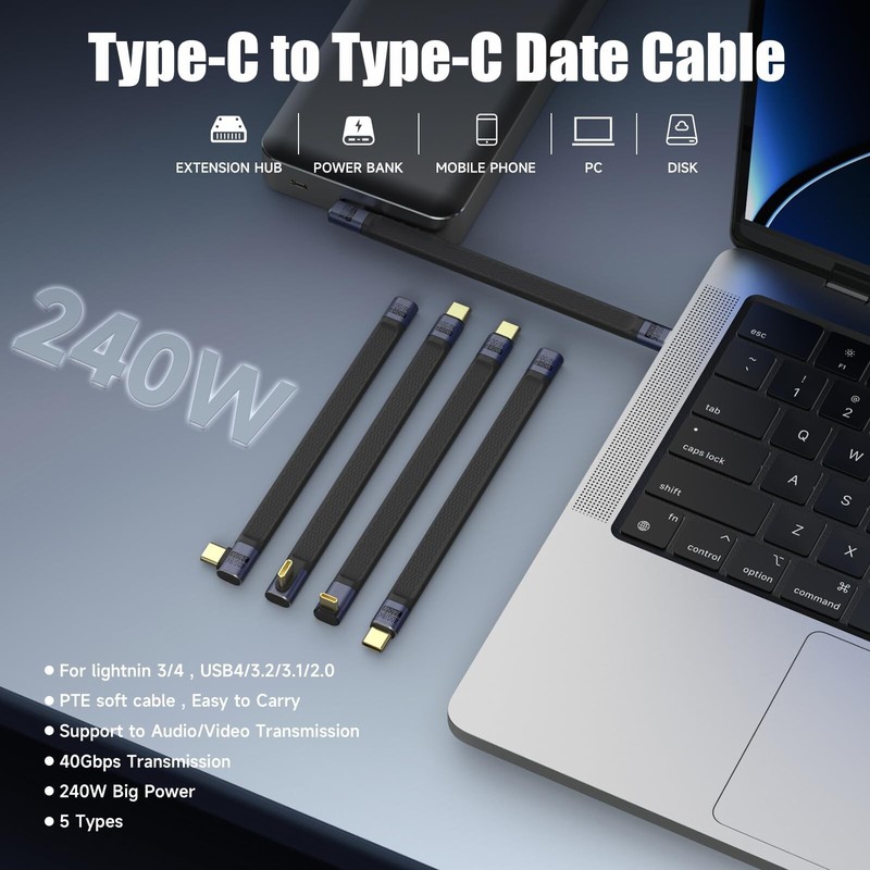 Short USB C Cable, 240W USB C to USB C 0.4FT Right Angle Cable Support Thunde... gallery