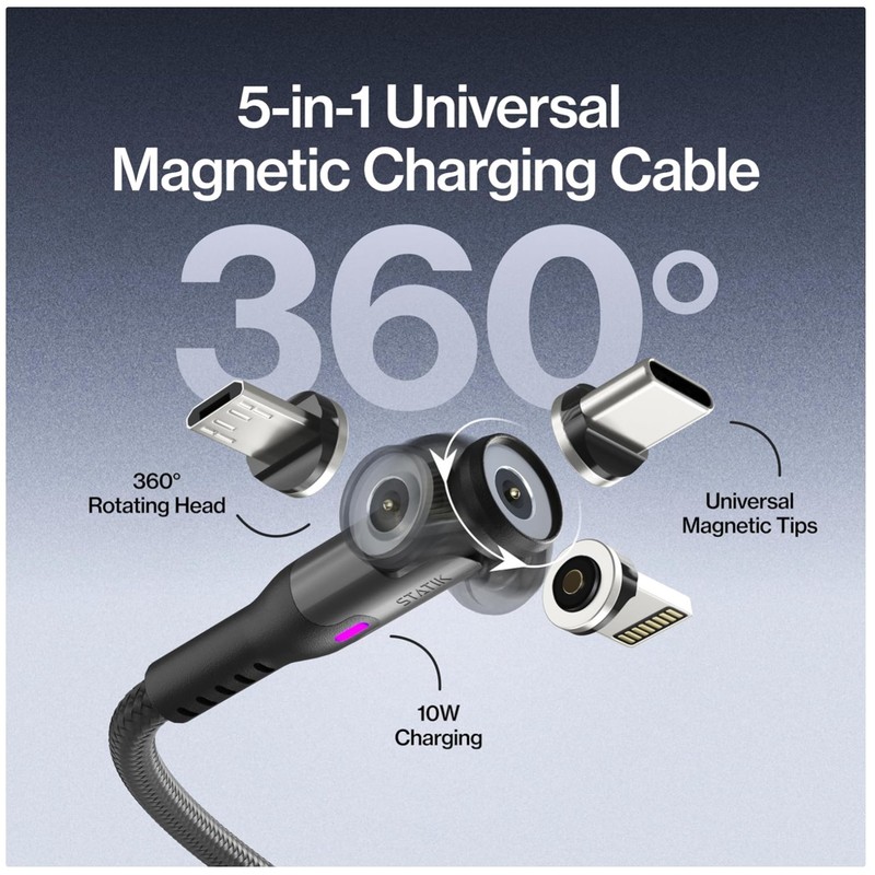Magnetic Charger Cord – 360 Rotation, USB C & Micro USB Tips