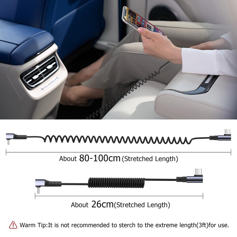 90 Degree Coiled USB C To USB C Cable 65W 1M 3.2FT Retractable Type C Cord gallery