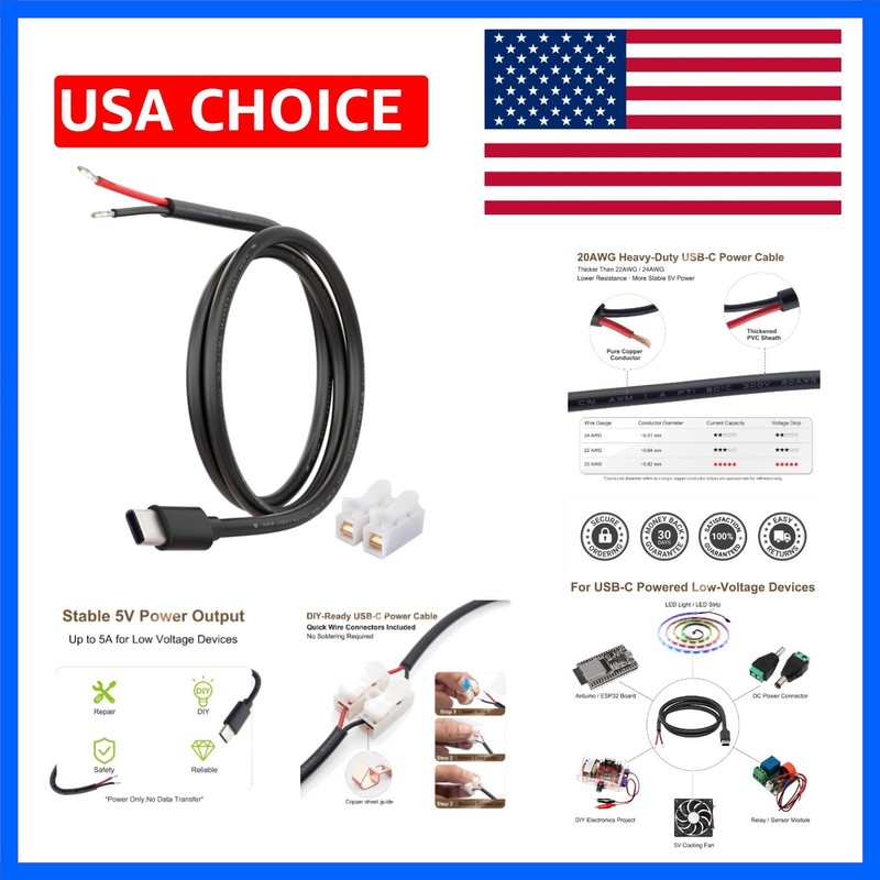 USB-C Power Pigtail Cable to Bare Wire, 20AWG 1M/3.3FT DIY Low Voltage Power ...