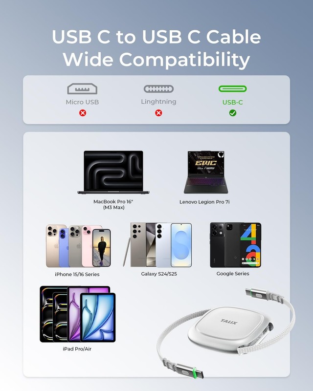 240W Retractable USB C Cable, PD 3.2 Fast Charging USB C to USB C Cable with ... gallery