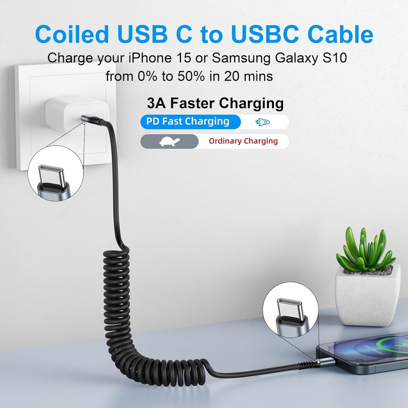 USB C to USB C Cable 3Ft 2Pack Coiled USB C Charger Cable for Car Type C Fast gallery