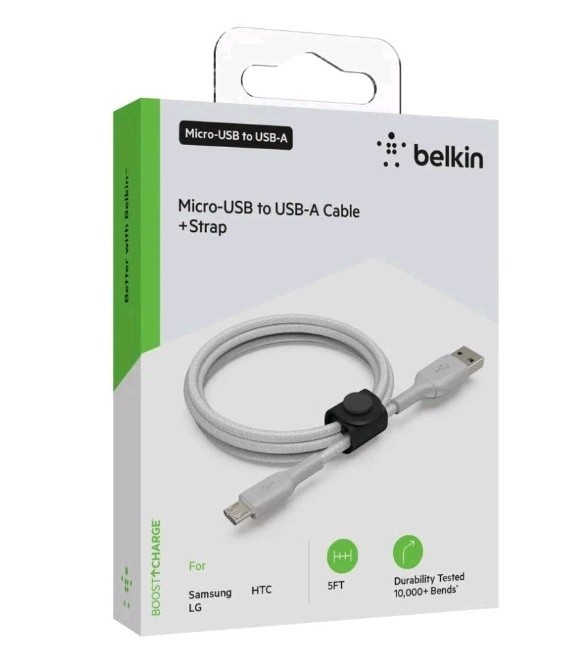 Belkin Boost Charge Micro USB to USB A Cable + Strap, Silver, 5 ft.