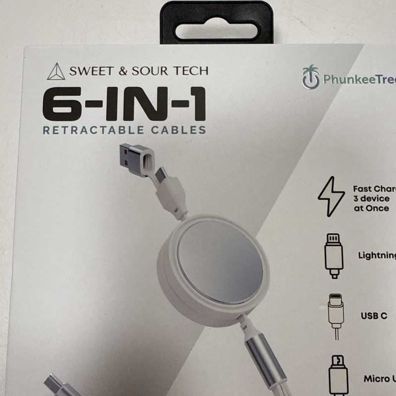 NEW WHITE 6-In-1 Retractable Cable SWEET SOUR TECH W/ FAST CHARGE ADAPTER gallery