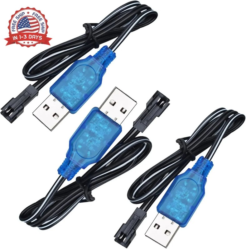 3 Pack 3.7V USB Charger Cable with SM-2P Connector/Plug for 3.7V RC Boats Cars T