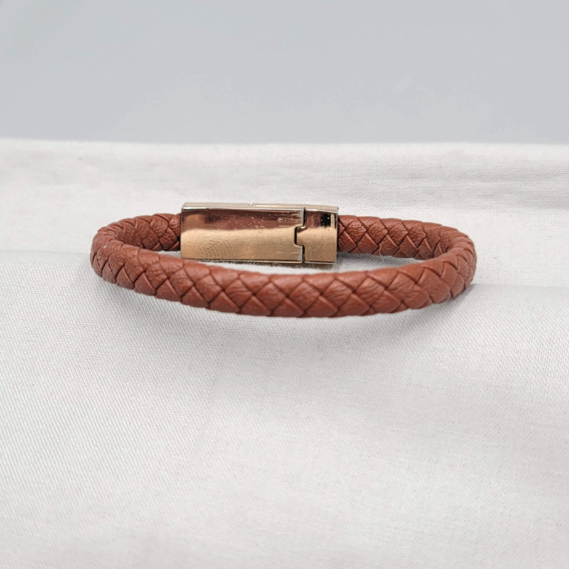 USB Cable Brown PU Leather Braided Charger Bracelet Gold tone 7 in