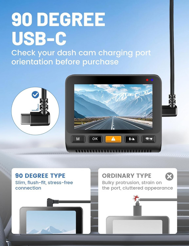 USB C to 90 Degree USB C Dash Cam Power Cord 10FT, Replacement Type C Dashcam Po gallery