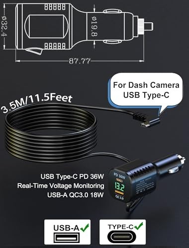 USB Type C Dash Cam Charger Cable Hardwire Kit 12-24V to 5V/3A Fast Charging Cor gallery