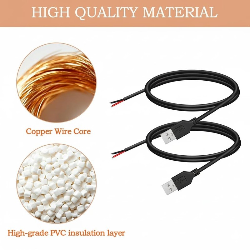 2 PCS 3.28FT Black 24AWG USB 2.0 Male 2 Pin Bare Wire Pigtail Cable 5V 2A gallery