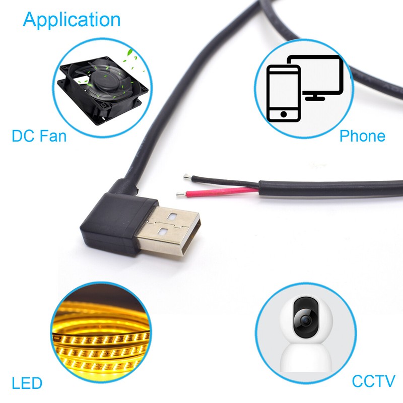 2x 0.3M/1FT USB Male to Bare Wire Cable 20AWG 5A USB2.0 2pin 90° Pigtail Cable gallery