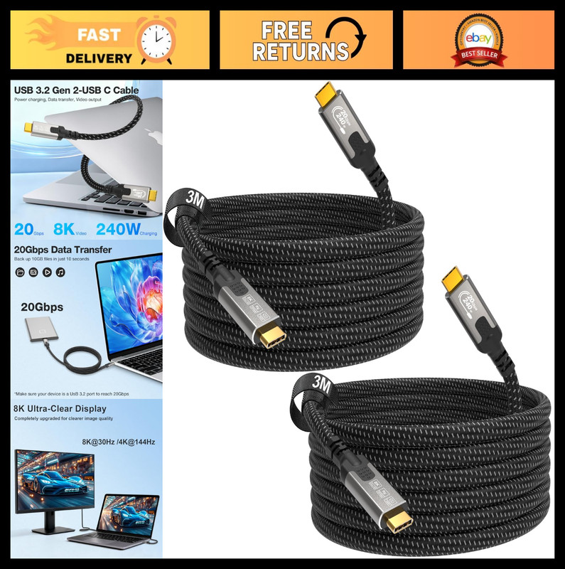 2-Pack 10ft USB-C to USB-C Cable, 20Gbps Data Transfer, 8K Video, 240W Power