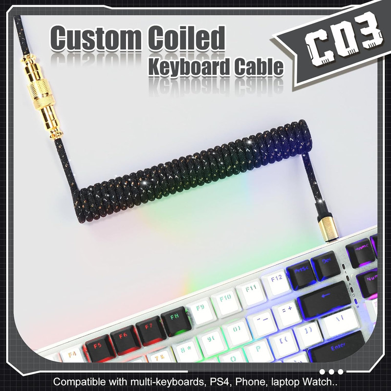 C03 Custom Braided Coiled USB C to A Keyboard Cable Black Extendable Spiral gallery