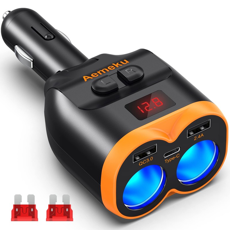 Aemeku PD20W USB-C QC3.0 Fast Charger Car Adapter 120W 2-Socket Orange-Black
