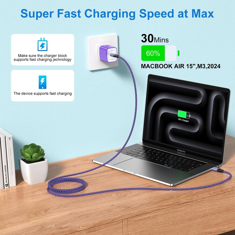 USB C to C Cable 240W Samsung Fast Charger 3 ft Car 3 feet, Purple gallery