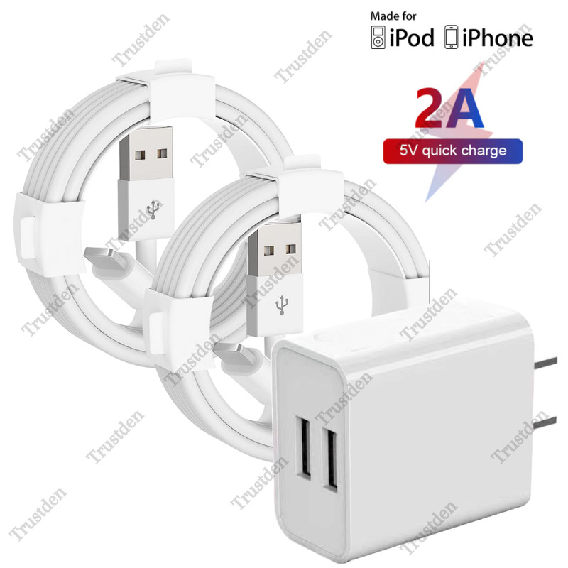 Dual Port Power Adapter Fast Charger For iPhone 14 13 12 11 X XR 8 7 6 USB Cable