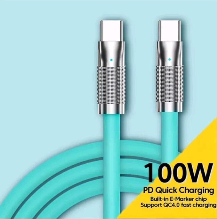 US SHIPPER! Thick Teal Color Silicone Cable USB-C to USB-C, 3.3 Feet, 100W
