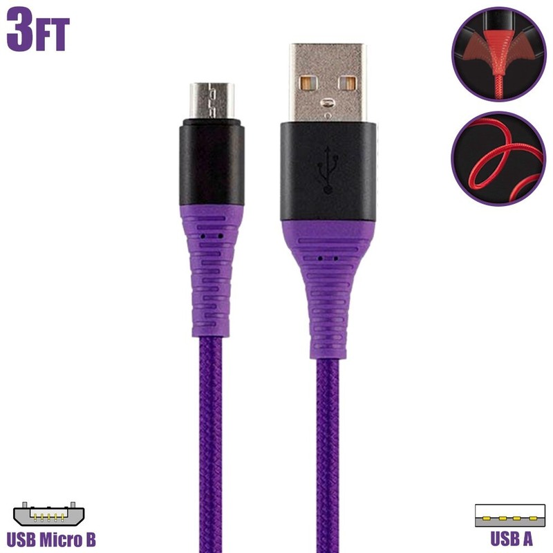 3FT USB Micro B to Type A Sync Data Charge Cable Reinforced Braided Cord Purple