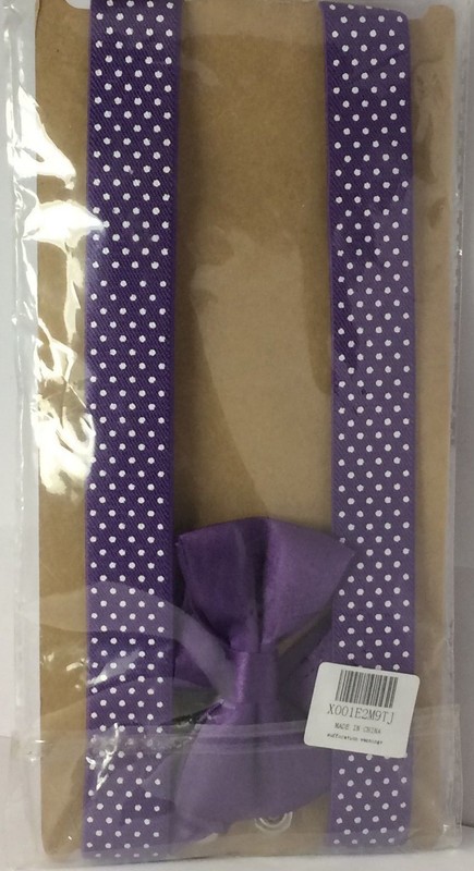Purple White Polkadot Suspenders W/ Bow Kids Boy Girl Brown Faux Leather & Metal gallery
