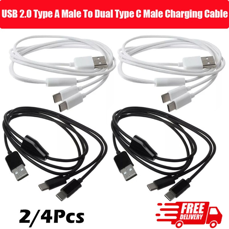 2/4PCS USB 2.0 Type A Male To Dual Type C Male Splitter Y Charg Data Cable