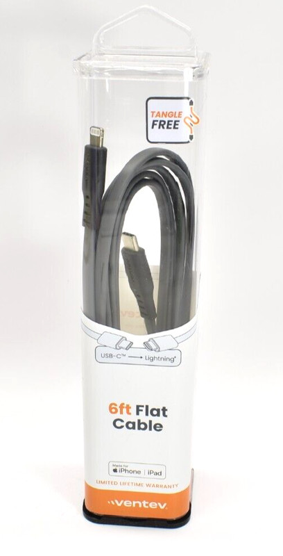 Ventev Grey 6 ft Tangle Free Flat Cable USB-C to L for Iphone / Ipad